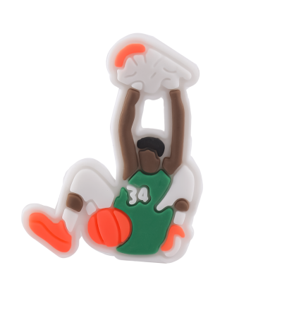 جیبیتز طرح بسکتبالیست در حال افتادن در تور بسکتبال سفید، مناسب تزئین کراکس و کیف‌های اسپرت