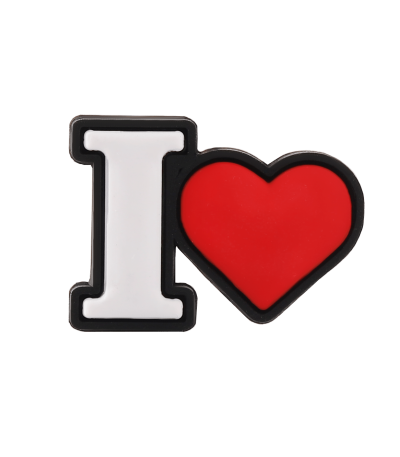 جیبیتز طرح I Love با طراحی عاشقانه و نماد قلب، مناسب تزئین کفش کراکس، کیف و کوله‌پشتی. ساخته شده از PVC نرم و باکیفیت. محصول تکی برند ایرانی کوهبر، قابل خرید عمده و تکی.