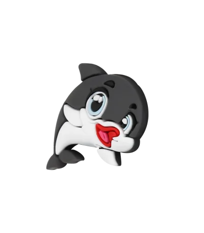 جیبیتز دلفین چرخشی کوچک برند کوهبر، مدل فانتزی سیلیکونی متحرک با طراحی بامزه. مناسب تزیین کراکس و اکسسوری‌ها. فروش عمده جیبیتز چرخشی با قیمت مناسب.